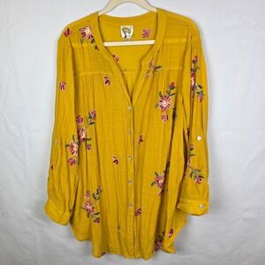Fig and Flower Mustard Yellow Floral Embroidered Tunic Blouse 2X Boho Cottage